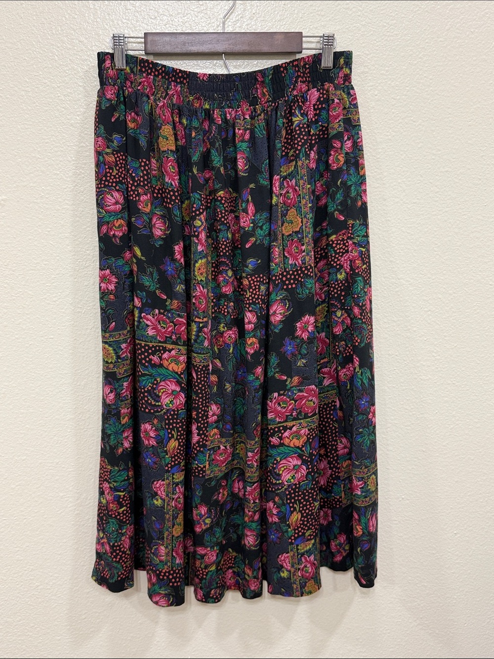Vintage 90s Boho Floral Rayon Midi Skirt Cottagecore